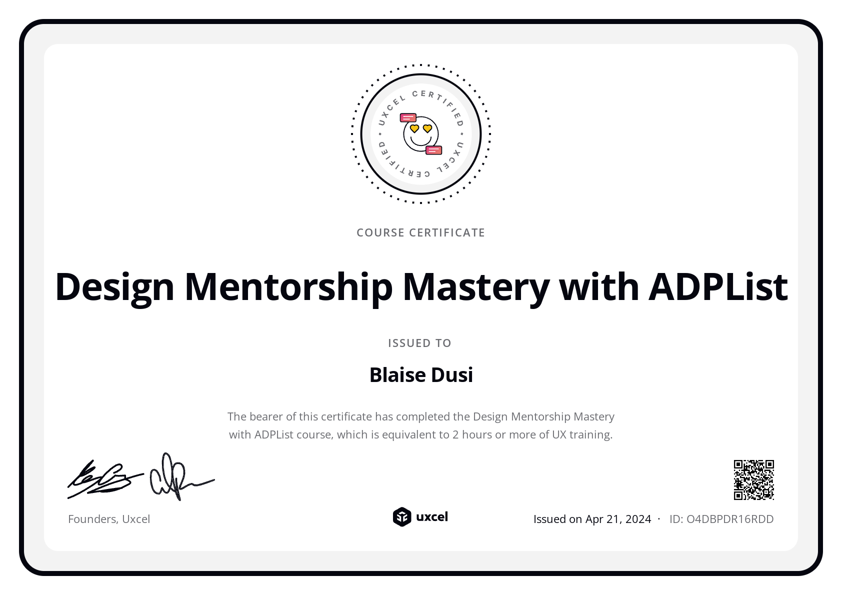 Blaise Dusi's certificate